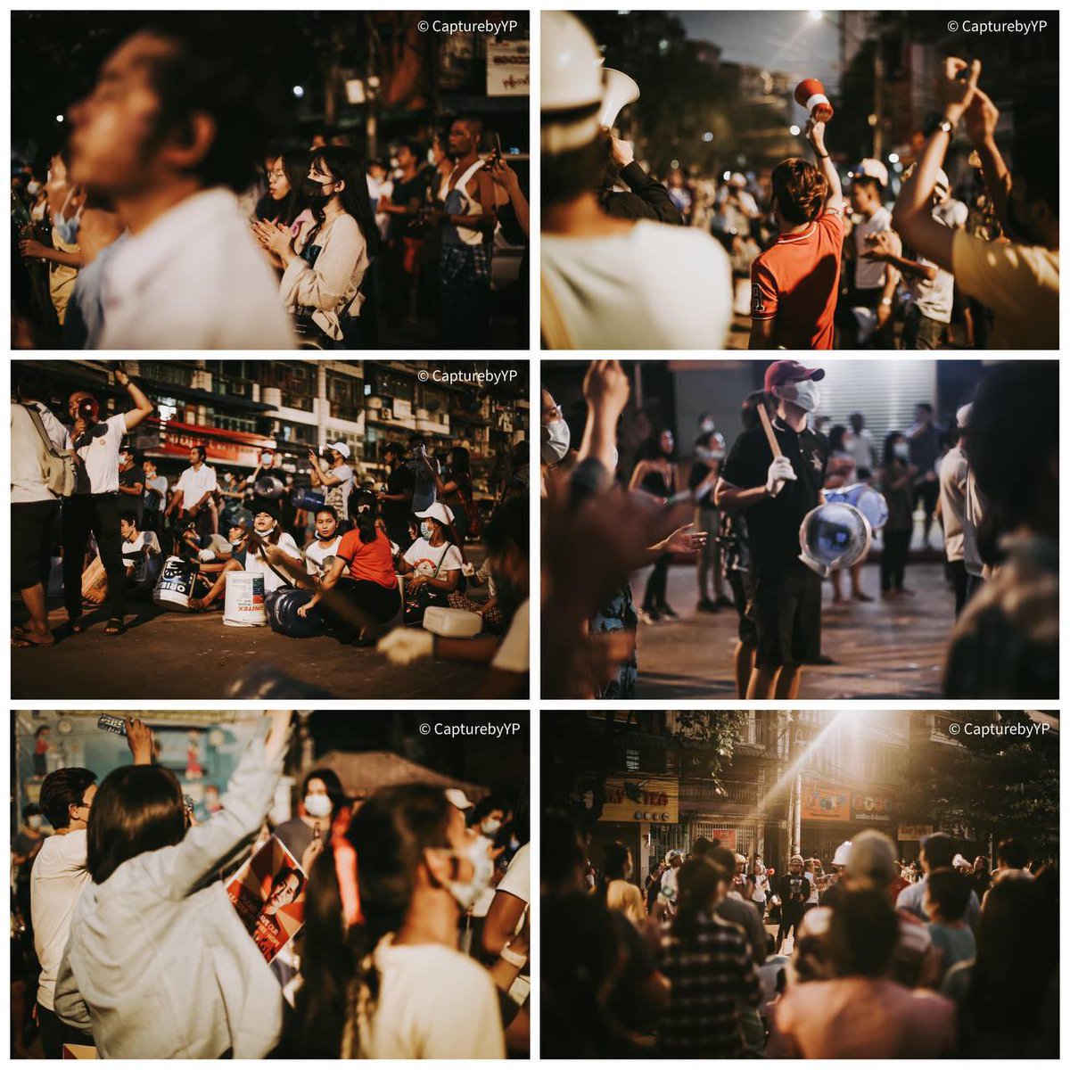 Touch one, the rest out on the streets! This is night protest in Hledan. We stand united against the #Junta. #WhatsHappeningInMyanmar #Mar10Coup