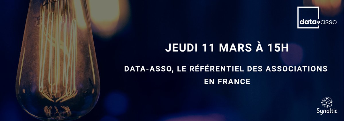 [#webinar] Découvrez Data-Asso, le référentiel ouvert et partagé des #associations en #France .

Rendez-vous Jeudi 11 Mars à 15h00 avec <a href="/msallieres/">Marc Sallieres</a> , Président de <a href="/Synaltic/">Synaltic</a> !

Pour s'inscrire -> bit.ly/3kKsWev

#data #cartographie #dataviz