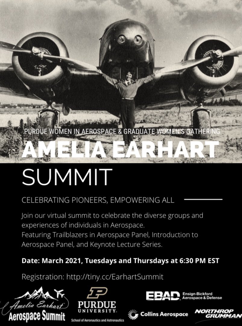 PurdueWiA's tweet photo. Amelia Earhart Summit is ongoing! Every Tuesday and Thursday this month at 6:30 EST on Zoom. Check this account for frequent posts about the events, and go to our website and register! https://t.co/MvNKoV1xyV
