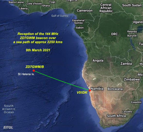 ei7gl's tweet photo. Following on from the opening to South Africa, the new St Helena beacon on 144 MHz has now been heard in Namibia over a 2253 km path... https://t.co/tR2fNL72na https://t.co/hRqStsHeqO