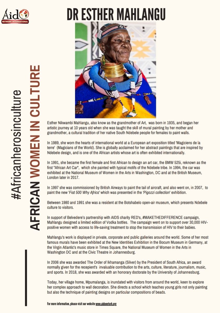 Aido Celebrates Women in Culture.
We celebrate Dr Esther Mahlangu from South Africa. 

Learn more about this phenomenal Woman in Culture on the Aido Website aidonetwork.org 

#AfricanHerosinculture 
#AfricanWomeninCulture