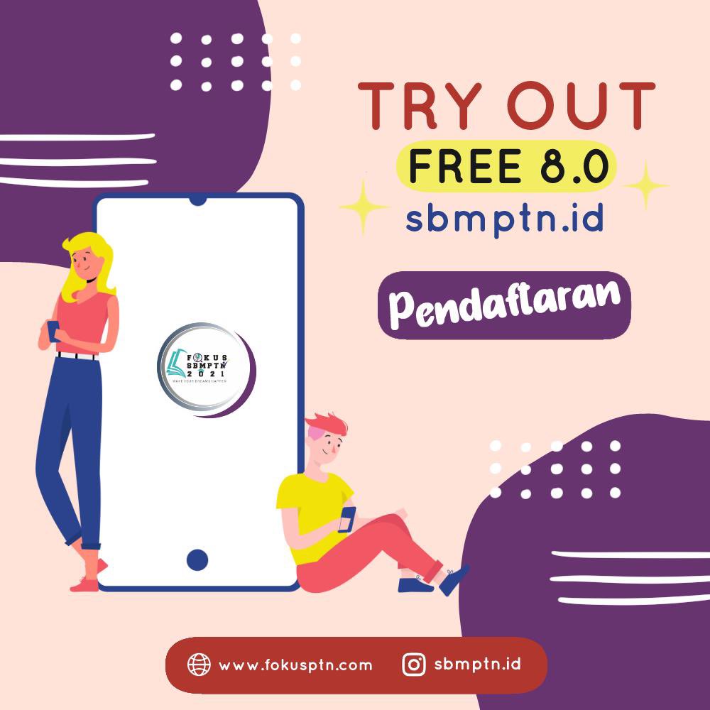 utbk_snpmb's tweet photo. [TRYOUT GRATIS 8 SBMPTN 2021] 

Cara pendaftaran :
1.  Follow @utbksbmptn 
2. Like, RT dan tag 3 teman kamu
3. Login di https://t.co/FIY0iubGse dan pilih Try Out 8 (Fokusptn) https://t.co/XFd38Xj8AC