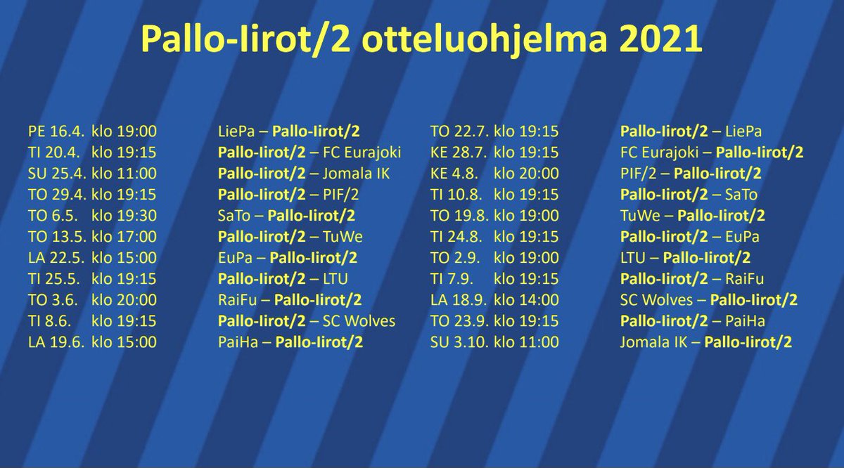 Kauden 2021 otteluohjelma näyttää tältä! #PalloIirot #NelonenLänsiSuomi