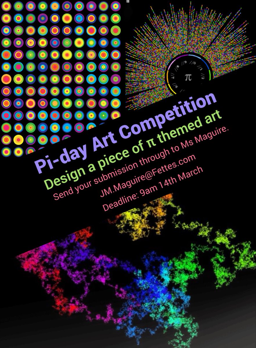 FettesMaths's tweet photo. Today’s challenge...design a piece of pi-themed art. This can take any form you like, using any resources you have! Again, winners will be chosen on Sunday and announced next week. https://t.co/cU9yidAJhP