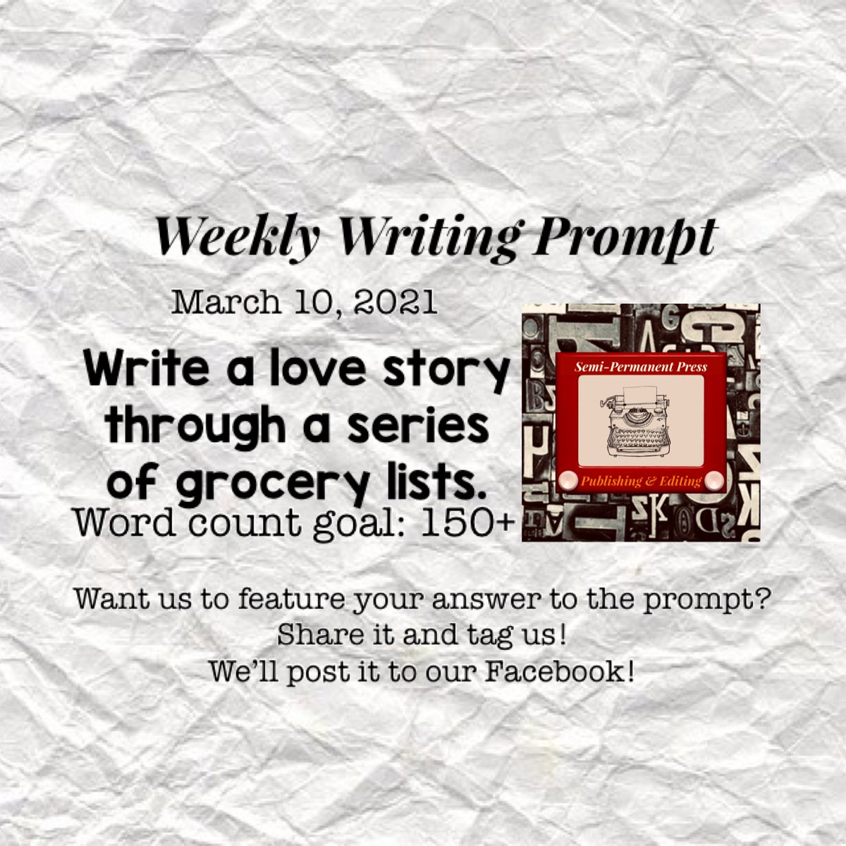 SemiPermanentP's tweet photo. Writing prompts are back for #SPPWeeklyWrites ! Let’s get that creativity flowing! 📝
#Writing #AmWriting #WriteOn https://t.co/R8b73Ia7yB
