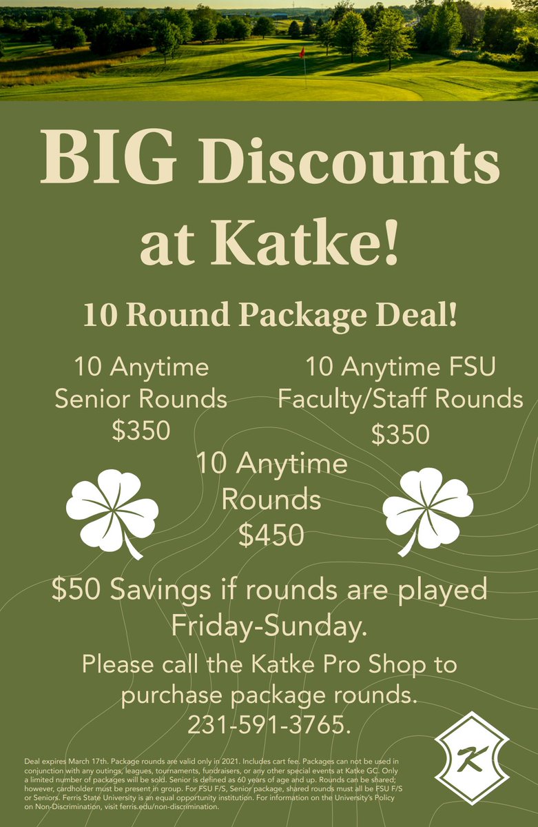 Golf season is right around the corner! To get prepared for the season we’re offering great deals on packages this summer.  Hurry...these deals only last until March 17th!  We hope to see out there soon! #Katke #FerrisState