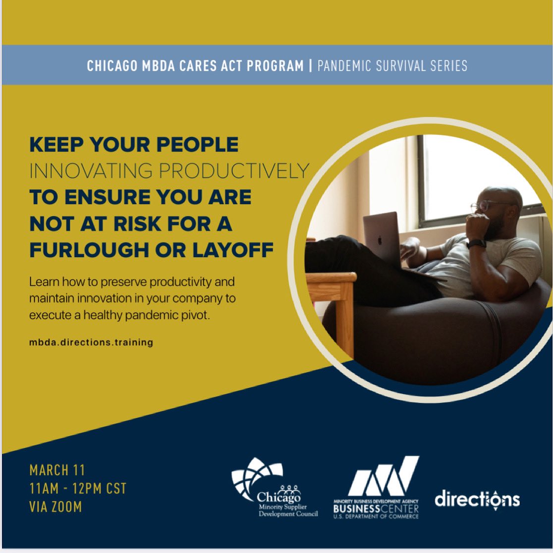 ChicagoMSDC's tweet image. Join us tomorrow, March 11 at 11 a.m., for the next workshop of our Pandemic Survival Series. 

The workshop will focus on how to preserve productivity and maintain innovation in your company. 

Register here: lnkd.in/epdA8jm

#cmsdc #buydiverse #pandemicseries
