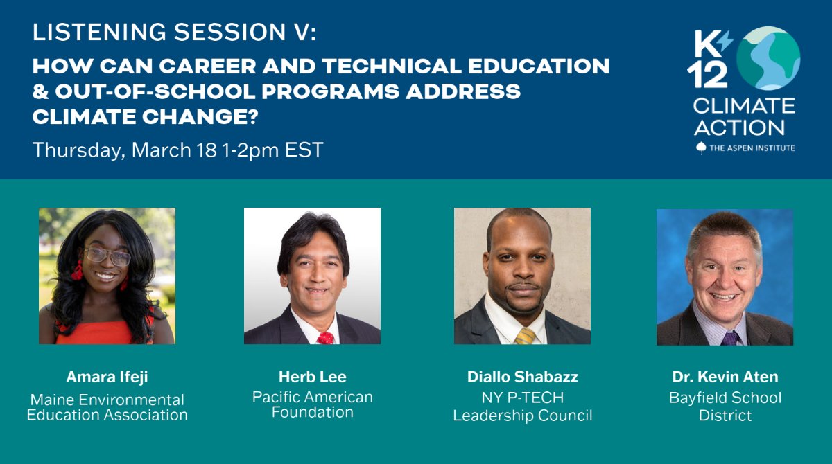 ThisIsPlanetEd's tweet photo. Join us on 3/18 at 1pm ET for a listening session on how CTE and out-of-school programs can address climate change! We'll hear from Amara Ifeji of @meeamaineEE, Herb Lee of the Pacific American Foundation, @dialloshabazz, and @kkevinaten. Register here: https://t.co/LUzxGxRKzt https://t.co/BI24s7SdFB