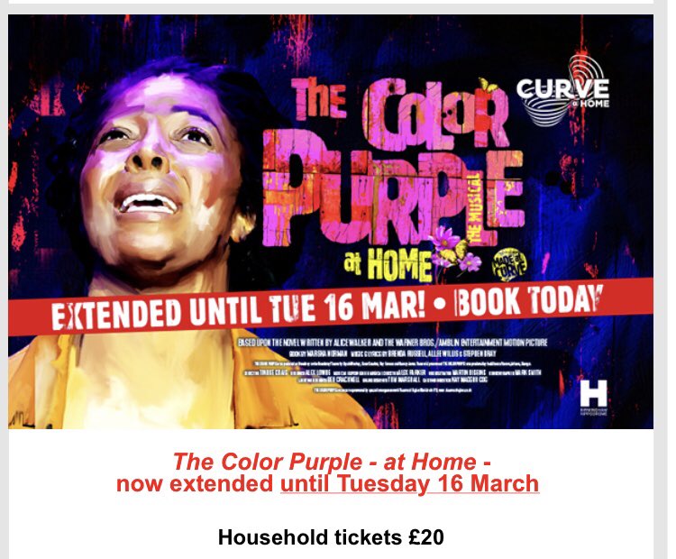 LucidWhim's tweet photo. It has to be done! Itβs a wet, miserable day so a 4th theatre visit to the @CurveLeicester is totally necessary! #TheColorPurpleAtHome is a must see, listen, admire, enjoy and reflect upon production. https://t.co/M8S6djtRzh