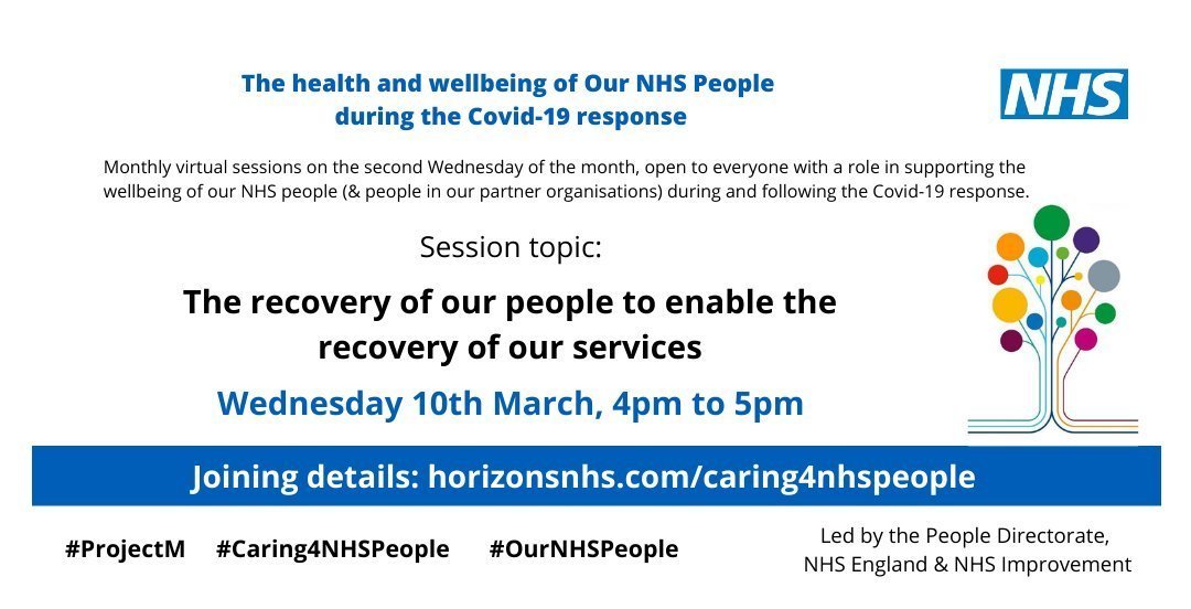 HorizonsNHS's tweet photo. We are just kicking off today's wellbeing webinar, the focus of the session will be the recovery of our people to enable the recovery of our services.

You can join the session here: https://t.co/VSKhVIuijp

Or follow this thread🔽#Caring4NHSPeople #ProjectM https://t.co/qGbviO7YQv
