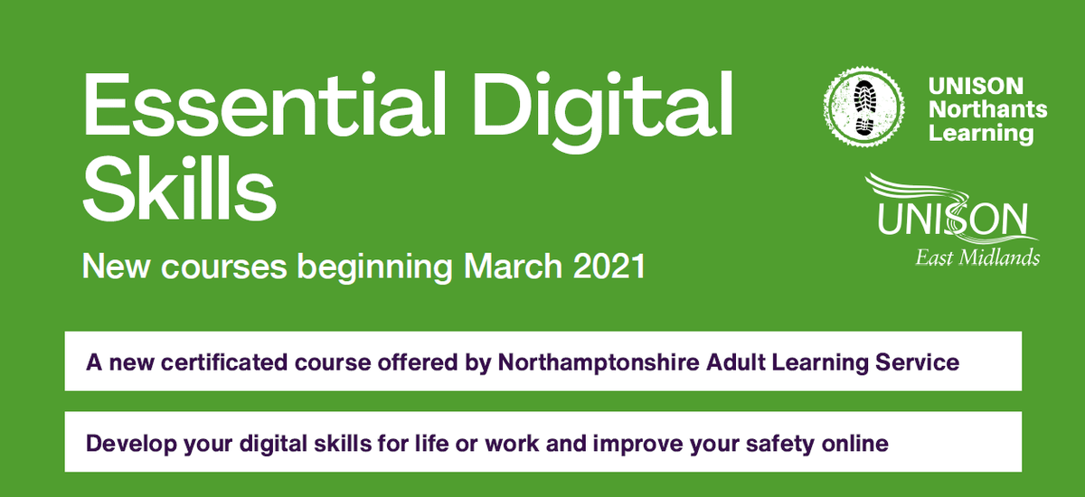 LearnNorthants's tweet photo. New - Essential Digital Skills Qualification beginning 30th March 2021. Free to all Northants Unison Members. Sign up now via https://t.co/W0906MMme4 https://t.co/0Yls9yVuVP