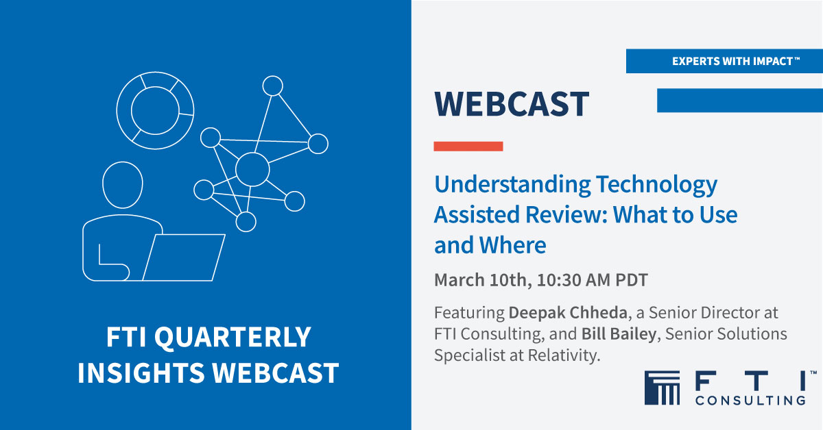 RelativityHQ's tweet photo. Relativity's Bill Bailey joins @FTIConsulting's Deepak Chheda for today's Quarterly Insights Webinar. RSVP to learn more about technology assisted review: https://t.co/Kh8i9Ghi22 #ediscovery #legaltech #TAR https://t.co/4S3KRXDcmf