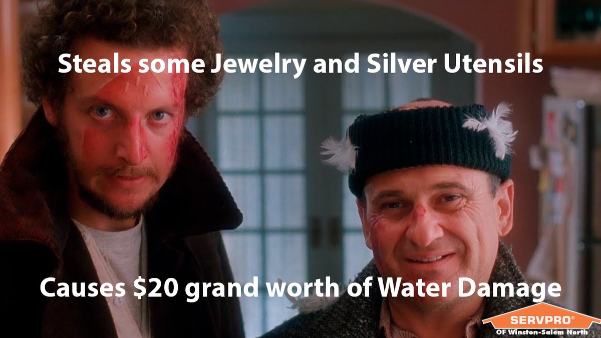 servpro_wsnorth's tweet photo. Tried rewatching a movie with my kids this weekend, and all I can think about is. . .. 
#wetbandits #homealone #waterdamage #servpro #servprolife #servproready #thosepoorfloors #teambehindtheclean #wsnc #dtws #mywsnc #winstonstrong https://t.co/EWql77oRgK