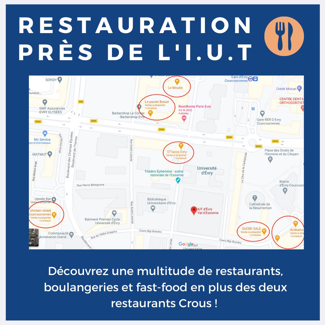 PromoTce's tweet photo. En complément de notre vidéo youtube sur la visite guidée des locaux voici les lieux à retenir à proximité de l’IUT ✍🏻
Nous vous invitons à présenter votre carte étudiante afin d’avoir des réductions sur vos menus !
#evry #iutevry #duttc #universiteevry https://t.co/VuqQwH5gio