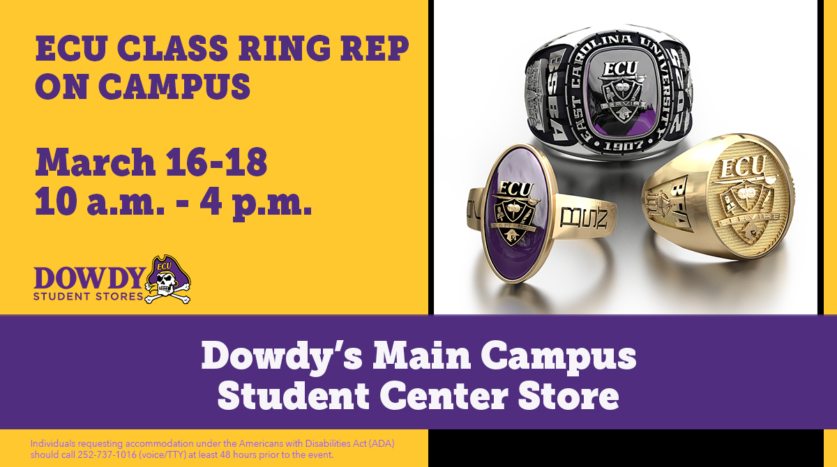 ✏️ Save the Date to personalize your #ECU class ring! 💍 March 16-18, a Jostens ring rep will be <a href="/ECUDowdy/">ECU Dowdy Student Stores</a> Main Campus store, 10am-4pm. Talk about customizing, sizing, payment plans, etc.  💜  No appointment necessary. #ECU21 #ECU22 #ECUGrad #ECUPirateAlumni #ECUParents