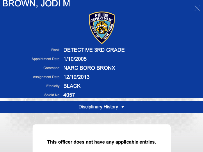 Photo of NYPD Database showing the Detective Jodi Brown has no disciplinary history