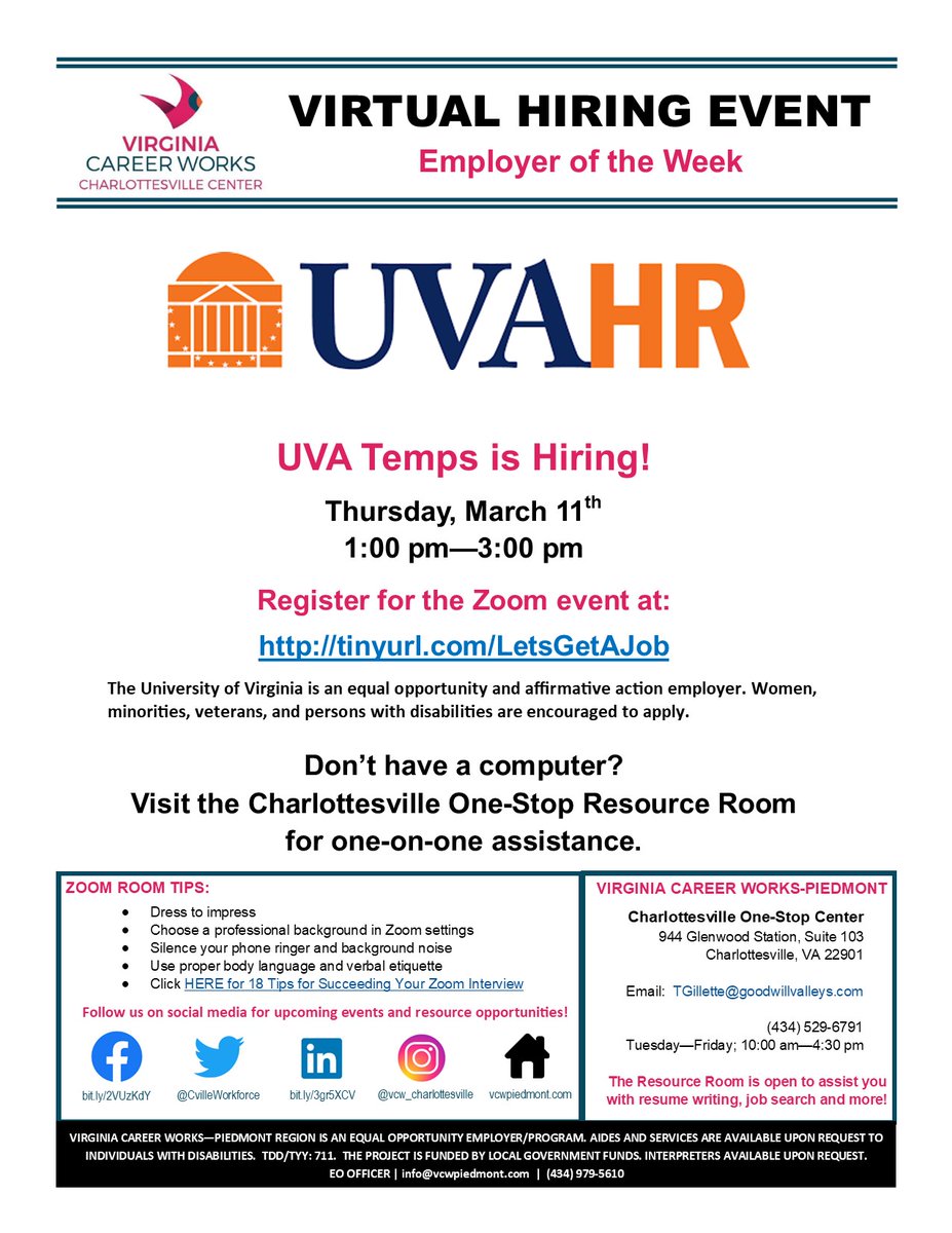 Please join UVA Temps and Virginia Career Works for a Virtual Hiring Event on Thursday, March 11th at 1pm! You can pre-register here: tinyurl.com/LetsGetAJob