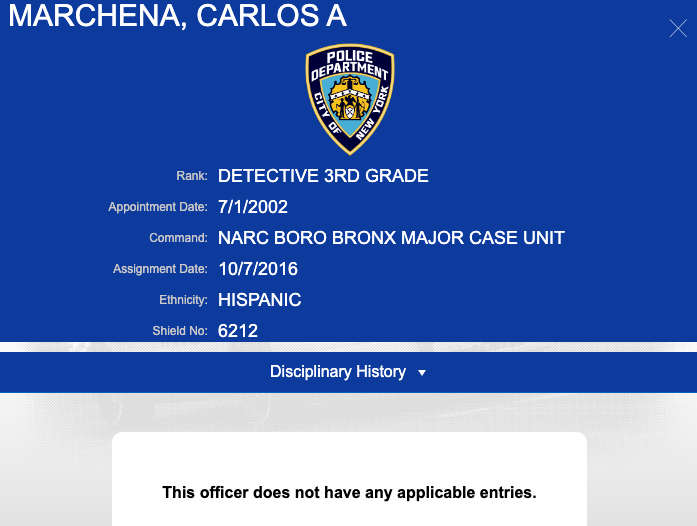 A photo of the NYPD Database showing that Det. Carlos Marchena has no disciplinary history