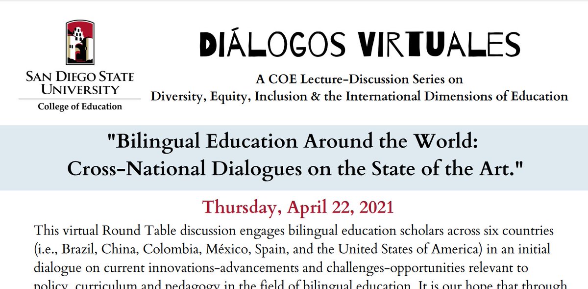 Roundtable discussion on Bilingual Education around the world, featuring scholars and educational leaders from Brazil, China, Colombia, Mexico, Spain and Brazil. Register: sdsu.zoom.us/meeting/regist… #duallanguage #bilingualeducation <a href="/FloridaAssocia3/">Florida Association for Bilingual Education</a>