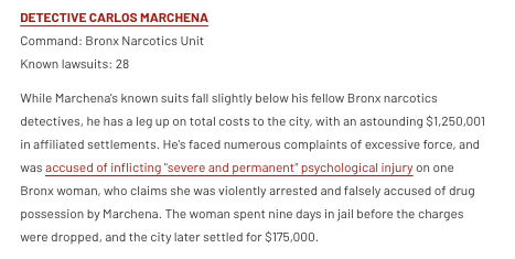 DETECTIVE CARLOS MARCHENA
Command: Bronx Narcotics Unit
Known lawsuits: 28

While Marchena's known suits fall slightly below his fellow Bronx narcotics detectives, he has a leg up on total costs to the city, with an astounding $1,250,001 in affiliated settlements. He's faced numerous complaints of excessive force, and was accused of inflicting "severe and permanent" psychological injury on one Bronx woman, who claims she was violently arrested and falsely accused of drug possession by Marchena. The woman spent nine days in jail before the charges were dropped, and the city later settled for $175,000.