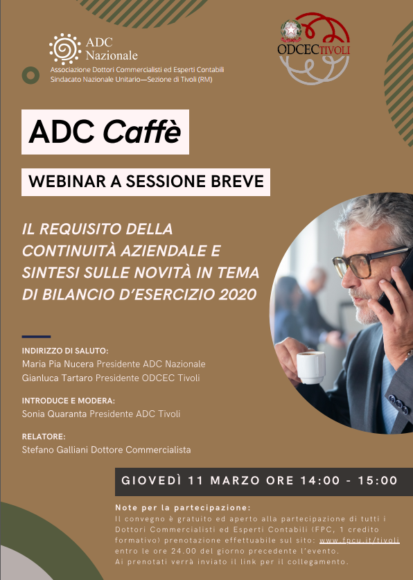 Continua l'appuntamento con ADC Caffè ☕️, domani 11 Marzo dalle 14 alle 15⏰,parleremo di 📣: "Il Requisito della continuità aziendale e sintesi sulle novità in tema di bilancio d'esercizio 2020".
Per iscriverti al webinar 💻, clicca qui:
fpcu.it/Eventi/SchedaE… 
Ti aspettiamo!