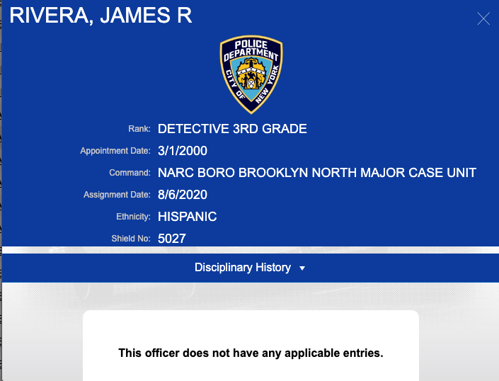 A photo of NYPD database showing Detective James Rivera has no disciplinary history