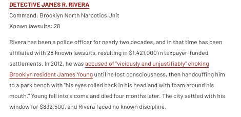 DETECTIVE JAMES R. RIVERA
Command: Brooklyn North Narcotics Unit
Known lawsuits: 28

Rivera has been a police officer for nearly two decades, and in that time has been affiliated with 28 known lawsuits, resulting in $1,421,000 in taxpayer-funded settlements. In 2012, he was accused of "viciously and unjustifiably" choking Brooklyn resident James Young until he lost consciousness, then handcuffing him to a park bench with "his eyes rolled back in his head and with foam around his mouth." Young fell into a coma and died four months later. The city settled with his window for $832,500, and Rivera faced no known discipline.