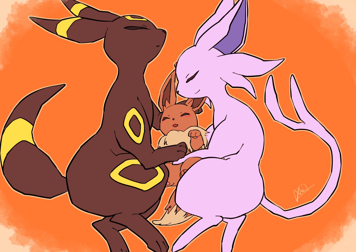 eevee ,umbreon pokemon (creature) no humans closed eyes closed mouth orange background lying smile  illustration images