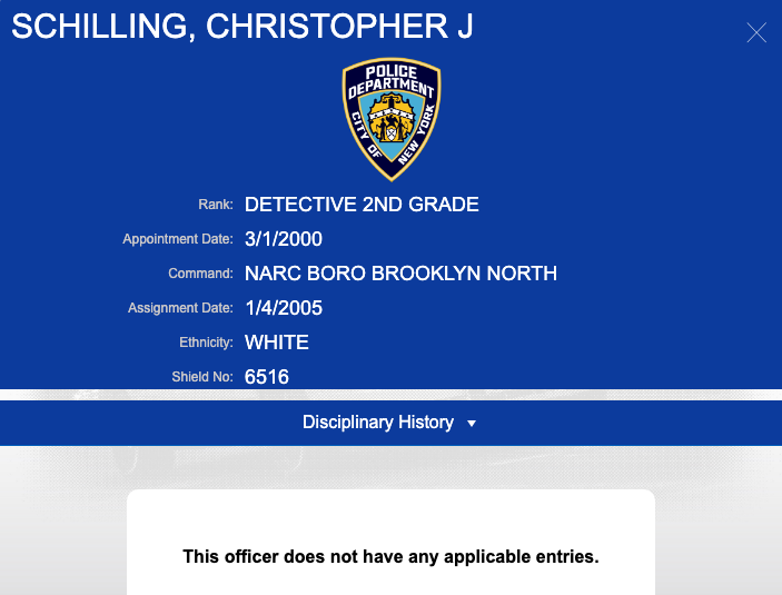 A photo of the NYPD Database showing Det. Christopher Schilling has no disciplinary history