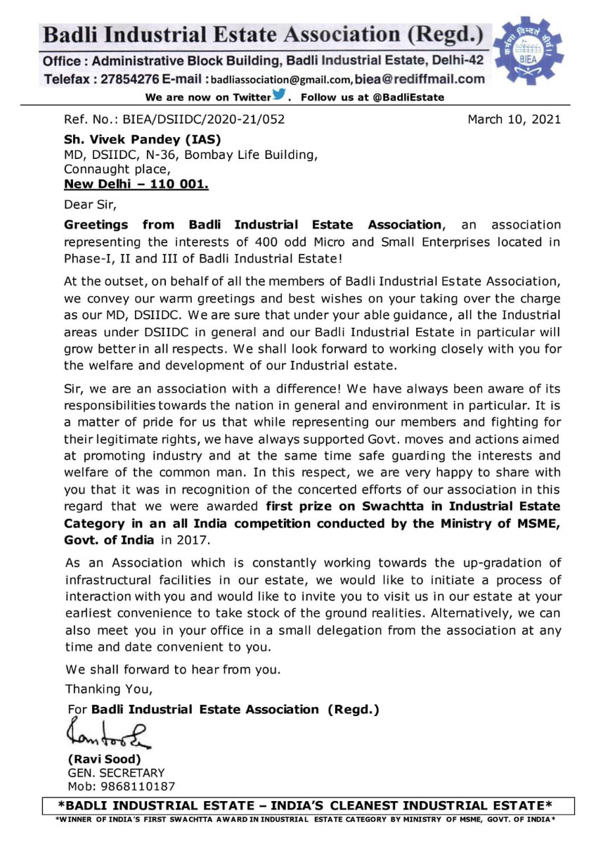 BadliEstate's tweet photo. @MDDSIIDC Badli Indl Estate Assn representing 400 odd Micro &amp; Small Industries extend a warm welcome to Sh.Vivek Pandey, IAS  on his joining DSIIDC as it's new MD. We look forward to working with him for improvement in infrastructural facilities &amp; development of industry in Delhi https://t.co/ShGCY90l9U