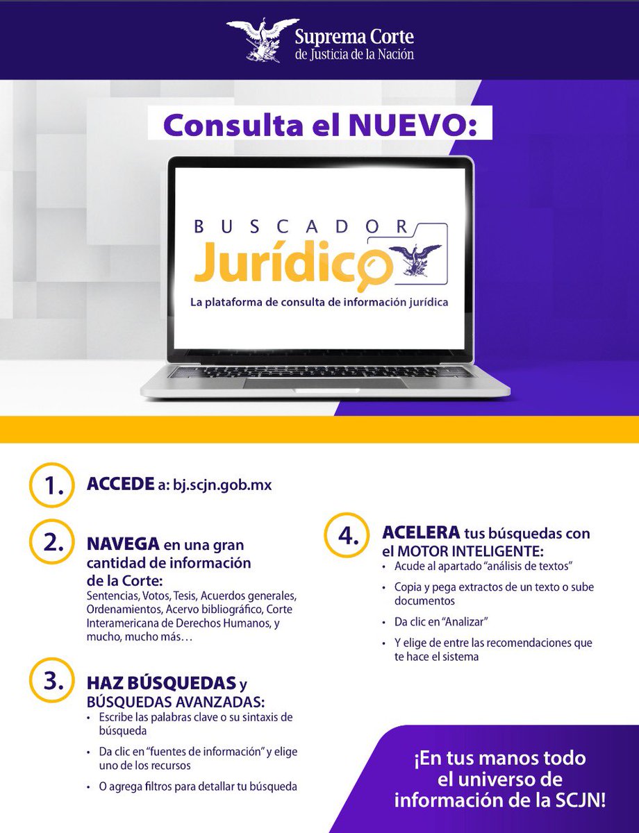 SCJN's tweet photo. ¿Ya conoces el nuevo #BuscadorJurídico de la Suprema Corte?  

Accede a toda la información  jurisdiccional de la #SCJN a través de un motor inteligente de búsquedas

Entra aquí y consúltalo ➡️ https://t.co/QJR1HERoJo https://t.co/YjaeRdZi9w