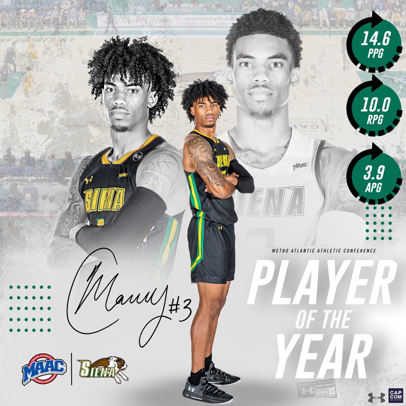 SienaSaints's tweet image. 🚨 𝘽𝙍𝙀𝘼𝙆𝙄𝙉𝙂 🚨 

@SienaMBB senior captain @_BigshotManny_ is the 2⃣0⃣2⃣0⃣-2⃣1⃣ @MAACHoops 𝐏𝐋𝐀𝐘𝐄𝐑 𝐎𝐅 𝐓𝐇𝐄 𝐘𝐄𝐀𝐑‼️ 

Camper is the #SienaSaints 7⃣th #MAACHoops Player of the Year and 2⃣nd straight 

#MarchOn | #NCAAM | #Attack | #Finish | #EAT
