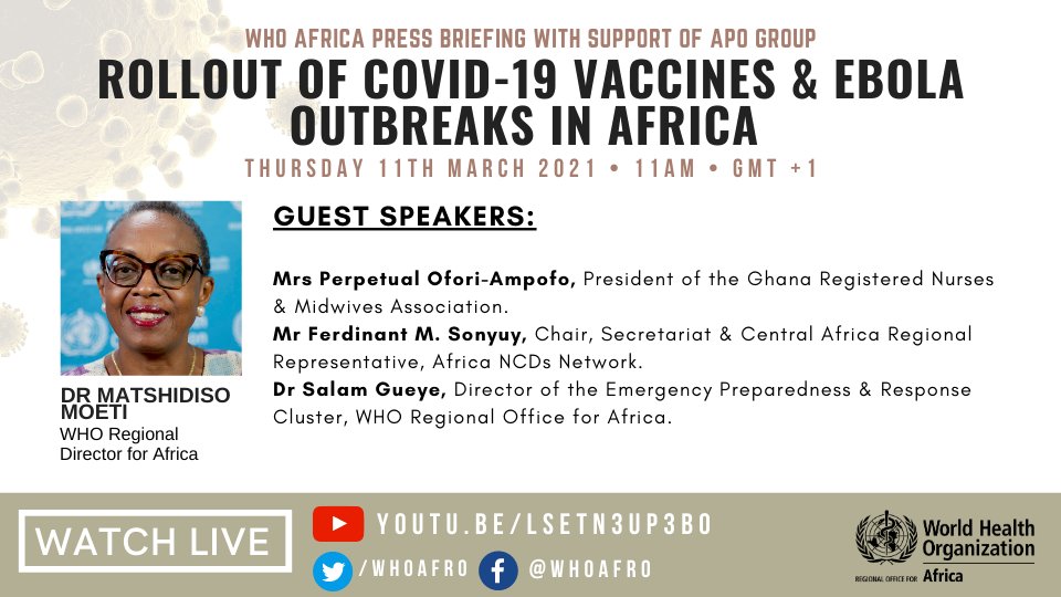 Join tomorrow's <a href="/WHOAFRO/">WHO African Region</a> live press conference on #COVID19 vaccine rollout &amp; #Ebola outbreaks in #Africa. Dr <a href="/MoetiTshidi/">Dr Matshidiso Moeti</a> will be joined by experts from across the Region. 

🗓️11th March 2021
🕚11 AM (GMT +1)
⏯️youtu.be/LseTn3uP3B0