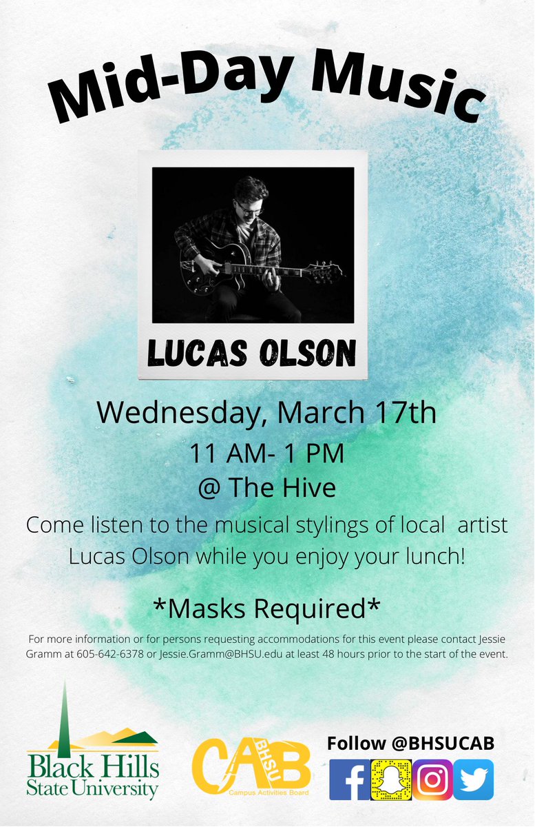 BHSUCAB's tweet photo. Listen to local artist Lucas Olson perform while you enjoy your lunch in the Hive! 🎤 
Wednesday, March 17th 
11 AM - 1 PM https://t.co/gXXCQWaXk5
