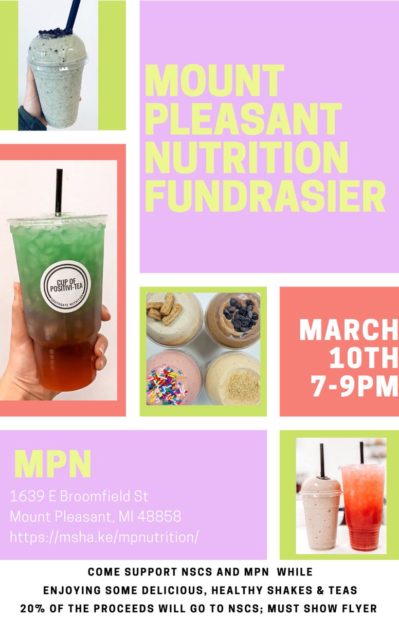 NSCS_CMU's tweet photo. TONIGHT is our Mount Pleasant Nutrition Fundraiser from 7-9pm EST. What better way to spend your wellness day by getting a delicious shake and tea✨ Must show this flyer when you’re there. Take a screenshot of this flyer and send it to friends or post on your social media!! https://t.co/NshxpVhnXD