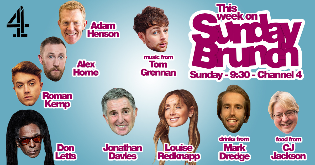 SundayBrunchC4's tweet photo. Tomorrow on #SundayBrunch! 🥐🥑🥯🍳🫖 @AdamHenson, @AlexHorne, @romankemp, @RebelDread, @LouiseRedknapp &amp; @JiffyRugby are joining us! 🥳 PLUS food from @CJKentSeafood🐟, drinks from @markdredge🍺 &amp; LIVE MUSIC from @Tom_Grennan 🤩📺 https://t.co/ilRhxnhNm6