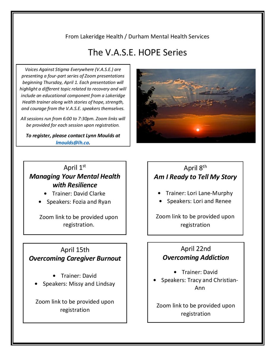 Upcoming "HOPE" speaker series from Lakeridge Health and DMHS - details on the flyer attached or here: tinyurl.com/r8dhjrr5. 

Please contact Lynn Moulds at lmoulds@lh.ca for more info or to register. 

<a href="/LakeridgeHealth/">Lakeridge Health</a> <a href="/OntarioShores/">Ontario Shores</a> <a href="/CMHADurham/">CMHA Durham</a> @careachc <a href="/DurhamDistress/">DistressCentreDurham</a>