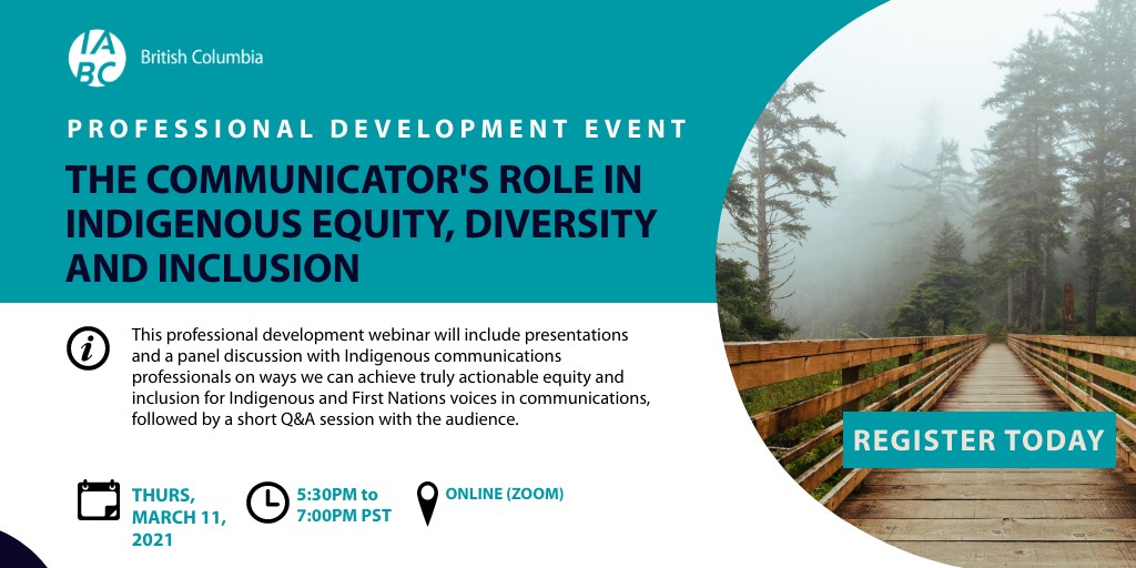 IABC/BC (@iabcbc) on Twitter photo Reminder to register for IABC’s panel on Indigenous #equity #diversity and #inclusion tomorrow with <a href="/juliholloway/">Juli Holloway, SCMP®</a> and <a href="/nicoletaylors/">Nicole Taylor-Sterritt</a> All are welcome! Register at bit.ly/3qJsKhS #IABC <a href="/IndigWomenLead/">Indigenous Women Lead</a> Reminder to register for IABC’s panel on Indigenous #equity #diversity and #inclusion tomorrow with <a href="/juliholloway/">Juli Holloway, SCMP®</a> and <a href="/nicoletaylors/">Nicole Taylor-Sterritt</a> All are welcome! Register at bit.ly/3qJsKhS #IABC <a href="/IndigWomenLead/">Indigenous Women Lead</a>