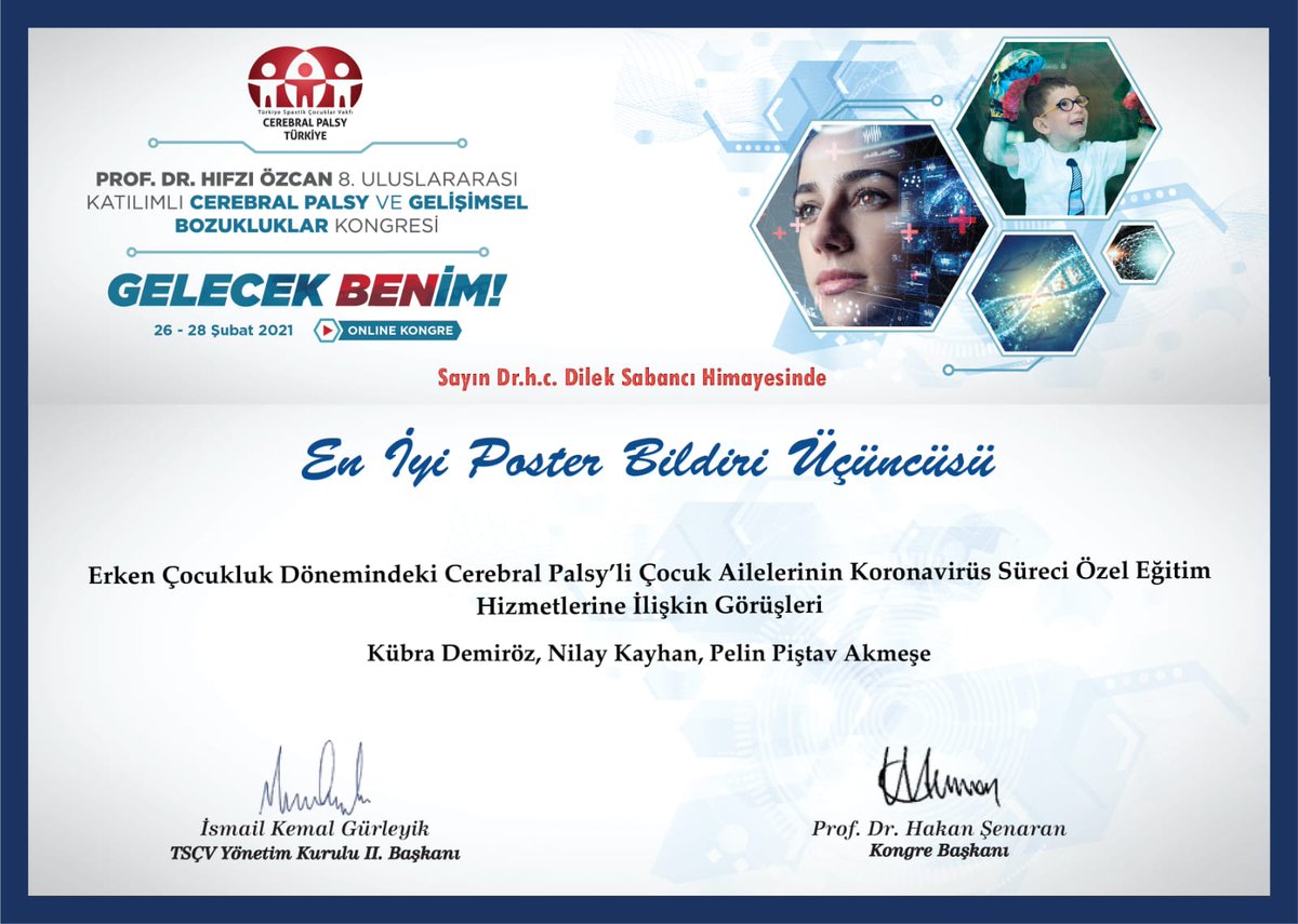 Doç. Dr. Nilay KAYHAN ve Arş. Gör. Kübra ÖZGAN DEMİRÖZ katıldıkları  “Prof. Dr. Hıfzı Özcan 8. Uluslararası Katılımlı Cerebral Palsy ve Gelişimsel Bozukluklar Kongresi'nde sundukları poster bildiri ile üçüncülük ödülünü almaya hak kazanmışlardır. Hocalarımızı tebrik ederiz 👏💐
