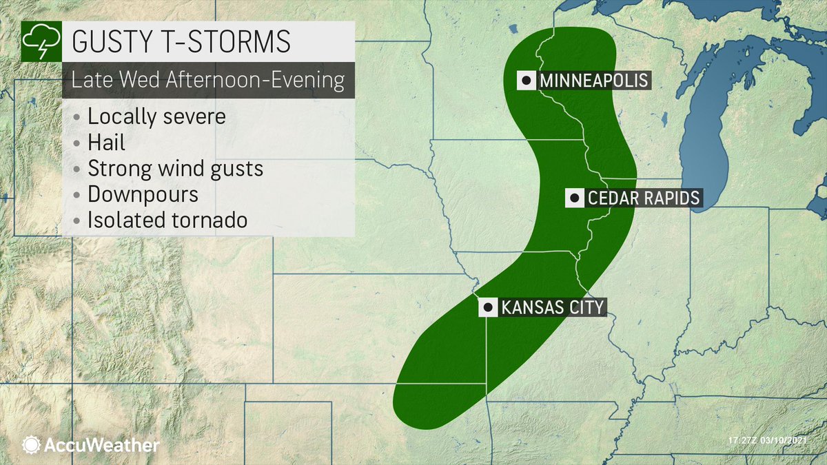Gusty storms will rumble from Oklahoma to Minnesota and Wisconsin on Wednesday afternoon with hail, downpours and isolated tornadoes: https://t.co/oGpjLGXpmn https://t.co/xKGGk5N5Nr