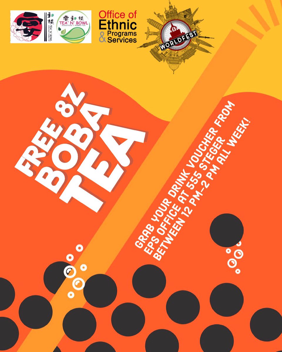 GIVEAWAY #4: 
Tea n Bowl Boba tea drink voucher
Grab your FREE 8z drink voucher from our office all week from 12-2PM!! 
Follow us to see more updates and giveaways!!!
.
#WorldFest2021 #UCUs #WF2021