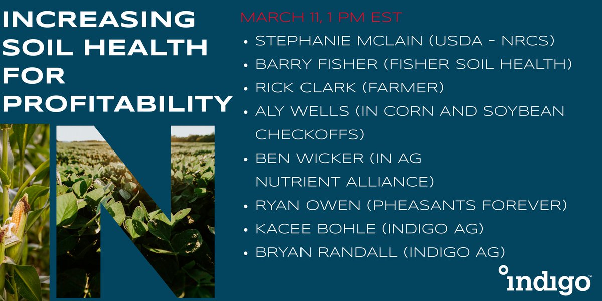 Ksreedys's tweet photo. Join #indigoag March 11 to learn about how #soilhealth impacts your bottom line with #Indiana leaders @FarmGreen13, @USDA_NRCS, @pheasants4ever,  @INAgNutrients, and Barry Fisher.  Register here: https://t.co/wZKBcGTKWV https://t.co/dgo3bD6Z5n