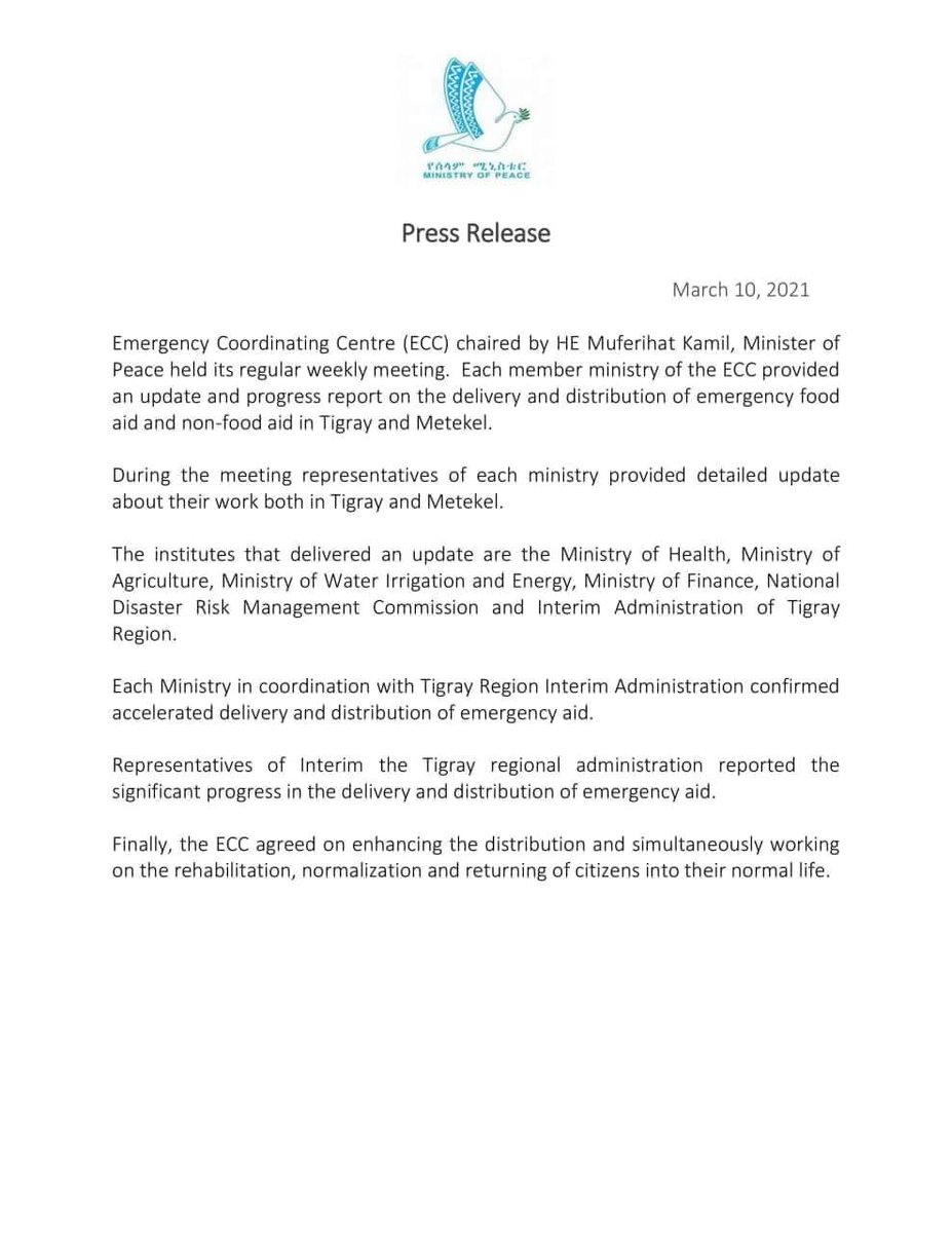 ETEmbassyKLA's tweet photo. Press Release from Ministry of Peace of Ethiopia on the delivery & distribution of emergency food & non food aid in #Tigray region & #Meteke. https://t.co/wcsnMzOEE8