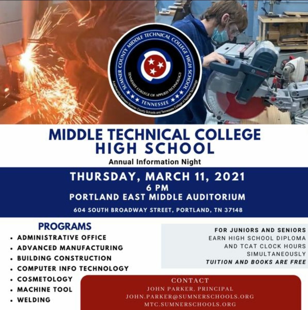 Join us March 11th at 6PM for an Info Night! Learn more about <a href="/SCMTCHS/">Sumner County Middle Technical College High School</a> and our programs, meet <a href="/TCATPortland/">TCAT Portland</a> instructors, and take a tour of our school.