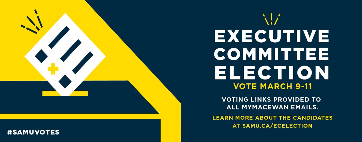 Voting for the next SAMU Executive Committee has already begun! Find your ballot in your MyMacEwan email and get voting! #MacEwanU #SAMacEwan #SAMUVotes