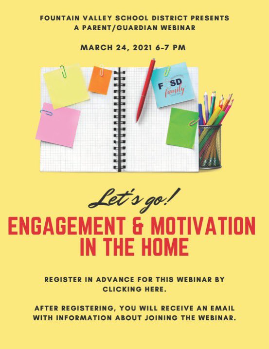 Join us for "Engagement &amp; Motivation in the Home" on Wednesday, March 24th at 6:00pm.  Register for the webinar link here us02web.zoom.us/webinar/regist…
