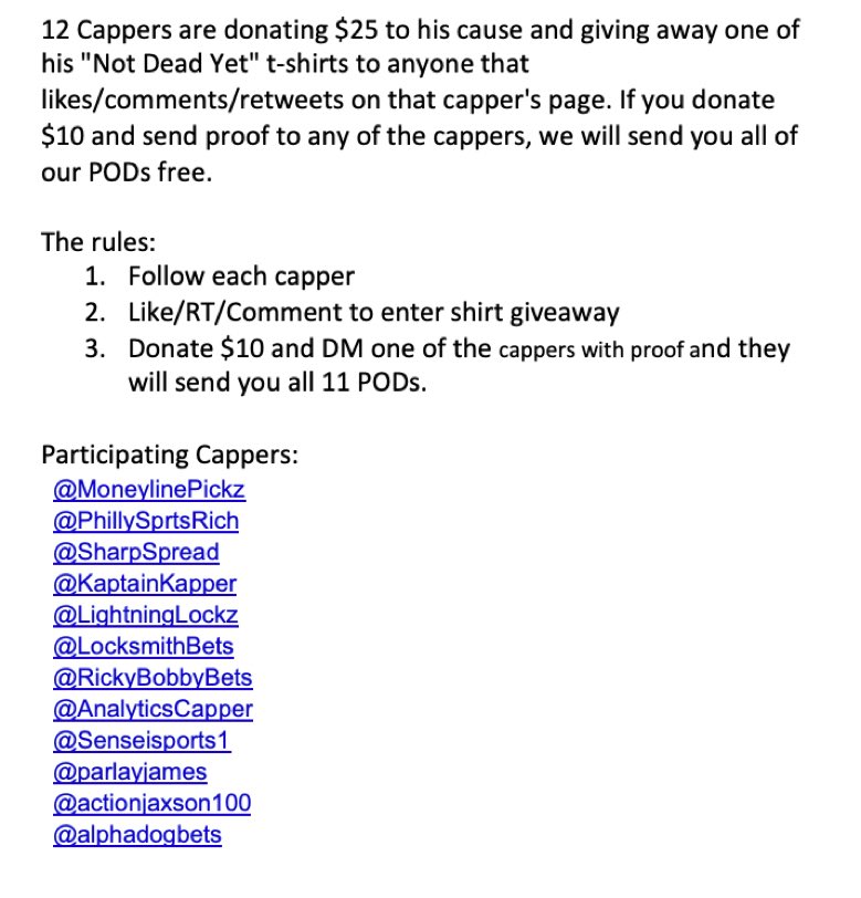 JTLOnTheMic's tweet photo. Follow all cappers to be entered for the giveaway and donate 10$ to the go fund me and show proof for 11 POD’s 
@PhillySprtsRich @SharpSpread @KaptainKapper @LightningLockz @LocksmithBets @RickyBobbyBets @AnalyticsCapper @Senseisports1 @ParlayJames @actionjaxson100 @AlphaDogBets https://t.co/myjwr7wRDS