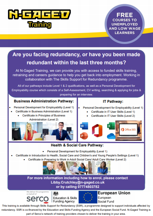 NGagedTraining's tweet image. Are you facing redundancy, or have you been made redundant within the last 3 months? 

N-Gaged Training can provide you with access to funded skills training, retaining and careers guidance to support your move back into work. 

For more info visit:  n-gaged.co.uk
