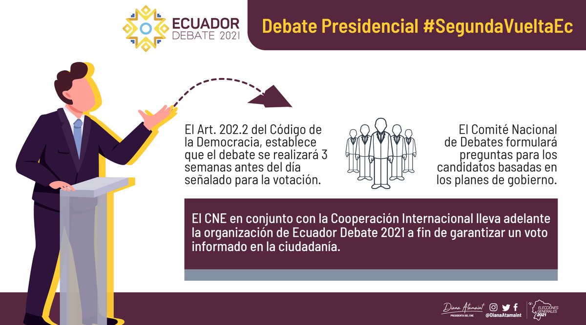 DianaAtamaint's tweet photo. ¡Ya preparamos #EcuadorDebate2021 🇪🇨 para la #SegundaVueltaEc! Con el #CódigoDemocracia vigente, los ciudadanos/as tienen acceso a un #VotoInformadoEc ✅ a través de un intercambio de ideas de carácter público entre los candidatos presidenciales. https://t.co/a0PaLqILqC