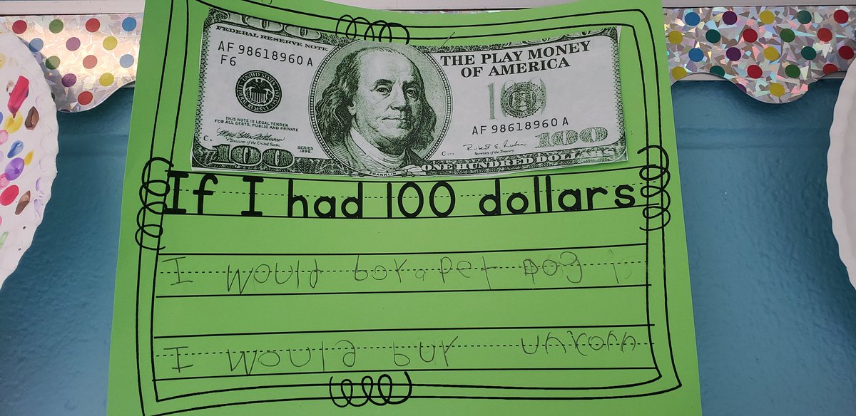 mtgarcia2010's tweet photo. If I had $100 ... activity to celebrate #100daysofschool @MemorialElm @csanche9kinder @nperez10 @Northwest_HISD @pto_memorial @marisaelam1 https://t.co/6iPeJmY7dn